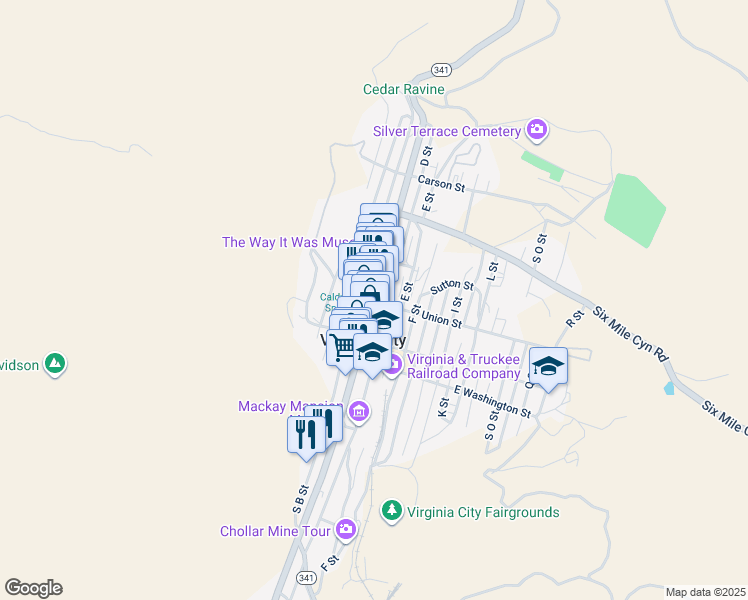 map of restaurants, bars, coffee shops, grocery stores, and more near 5 N C Street in Virginia City
