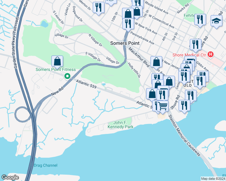 map of restaurants, bars, coffee shops, grocery stores, and more near 82 Greate Bay Drive in Somers Point