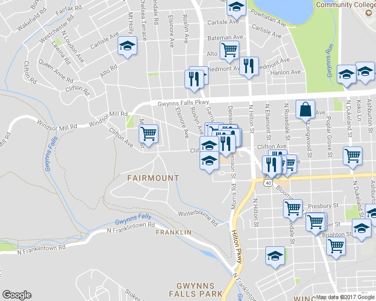 map of restaurants, bars, coffee shops, grocery stores, and more near Clifton Avenue in Baltimore