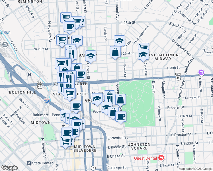 map of restaurants, bars, coffee shops, grocery stores, and more near 1822 Barclay Street in Baltimore