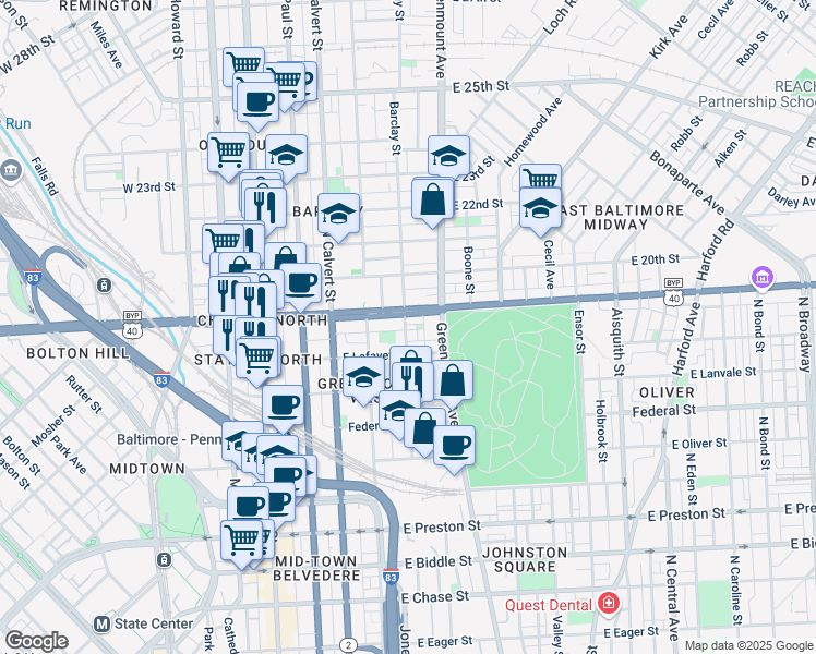 map of restaurants, bars, coffee shops, grocery stores, and more near 1825 Barclay Street in Baltimore