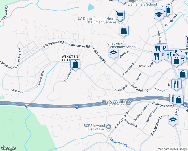 map of restaurants, bars, coffee shops, grocery stores, and more near 13 Giard Drive in Woodlawn