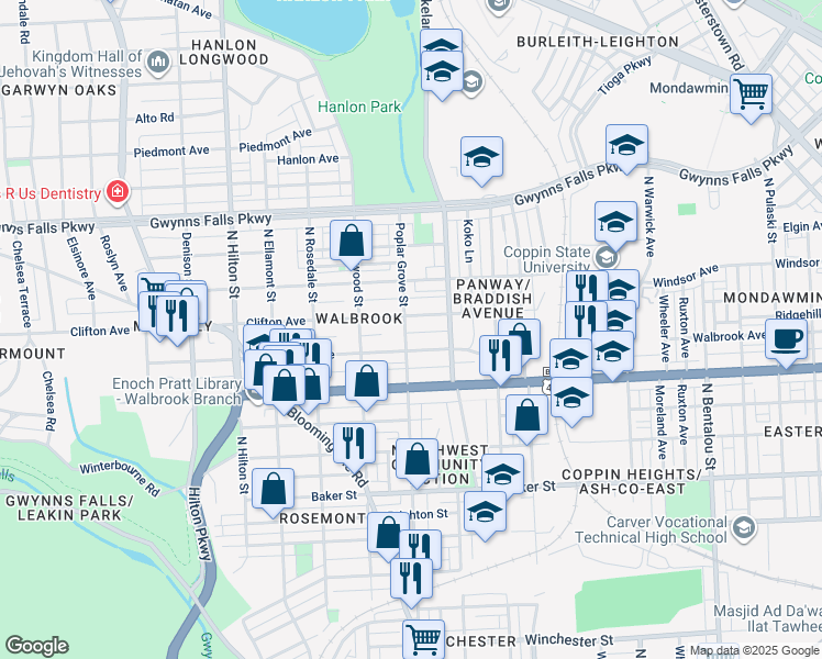 map of restaurants, bars, coffee shops, grocery stores, and more near 2005 Poplar Grove Street in Baltimore