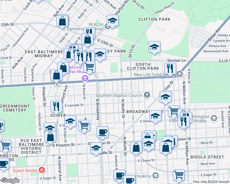 map of restaurants, bars, coffee shops, grocery stores, and more near 1806 East Lafayette Avenue in Baltimore