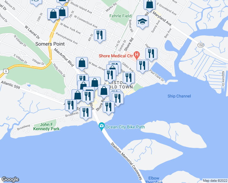 map of restaurants, bars, coffee shops, grocery stores, and more near 24 Miller Lane in Somers Point