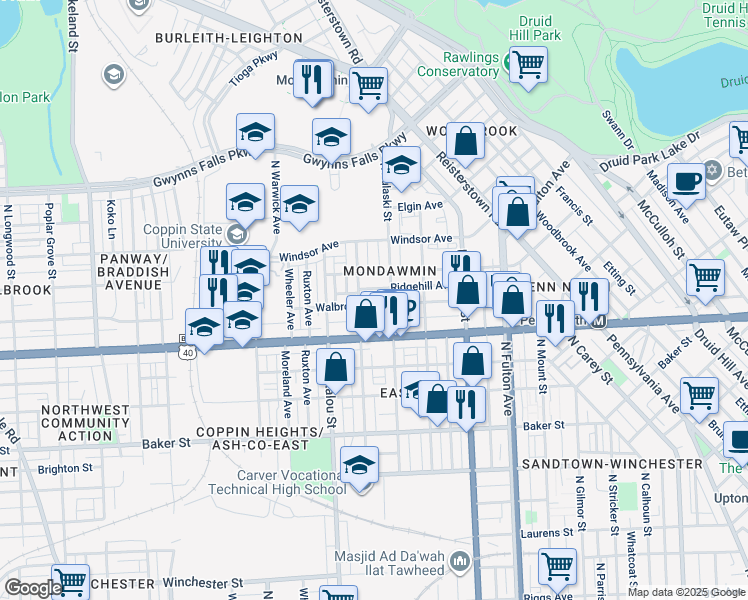 map of restaurants, bars, coffee shops, grocery stores, and more near 2126 Walbrook Avenue in Baltimore