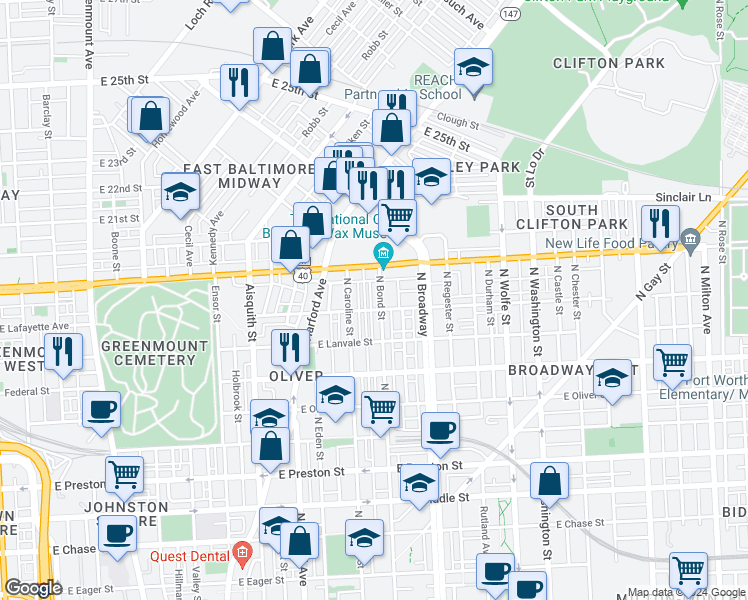 map of restaurants, bars, coffee shops, grocery stores, and more near 101 Independence Avenue Southeast in Washington