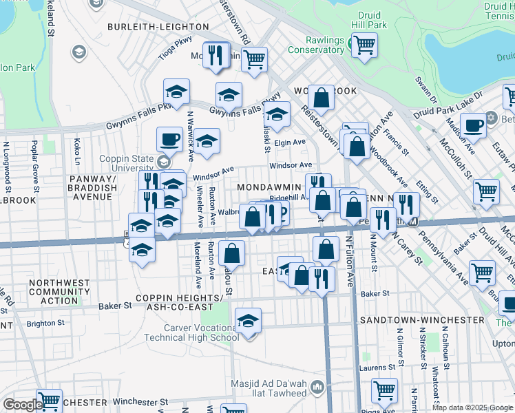 map of restaurants, bars, coffee shops, grocery stores, and more near 2126 Walbrook Avenue in Baltimore