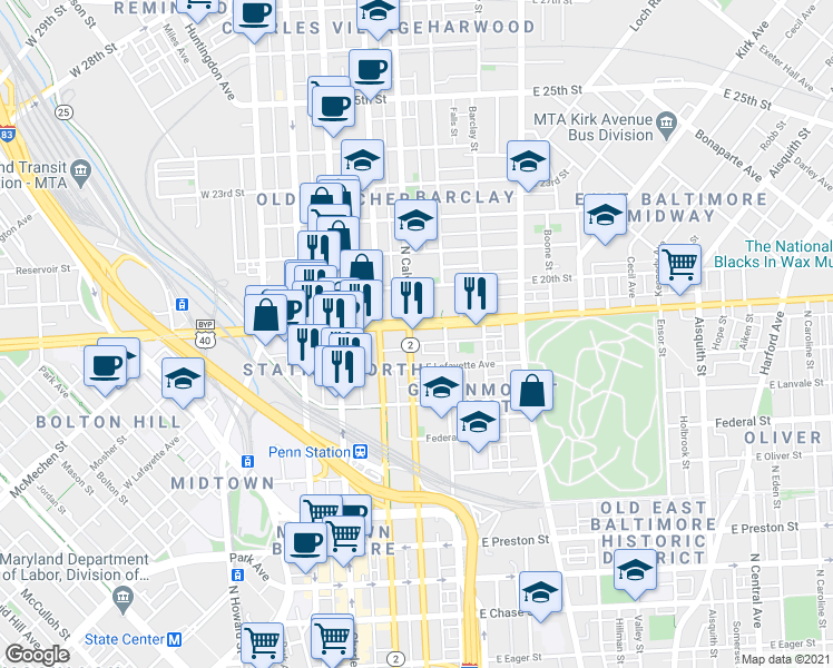 map of restaurants, bars, coffee shops, grocery stores, and more near 205 East North Avenue in Baltimore