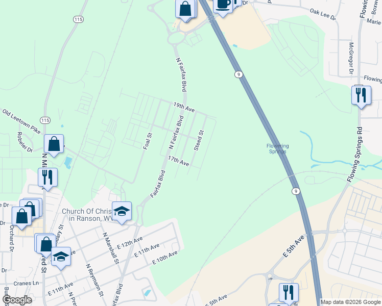 map of restaurants, bars, coffee shops, grocery stores, and more near 1229 Steed Street in Ranson