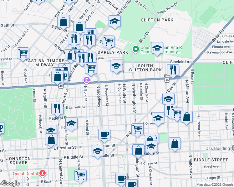 map of restaurants, bars, coffee shops, grocery stores, and more near 1806 East Lafayette Avenue in Baltimore