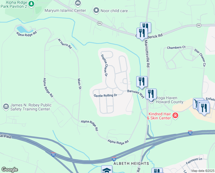 map of restaurants, bars, coffee shops, grocery stores, and more near 2579 Sophia Chase Drive in Marriottsville