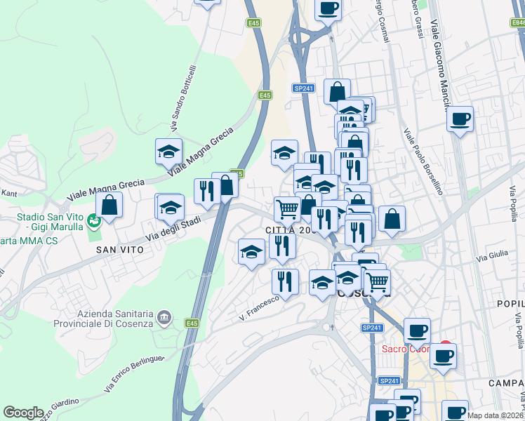 map of restaurants, bars, coffee shops, grocery stores, and more near 78 Via degli Stadi in Cosenza