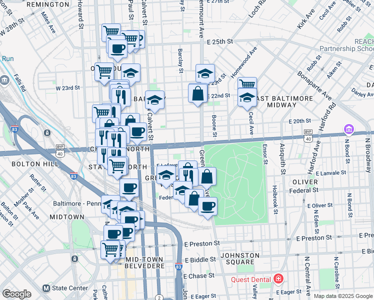 map of restaurants, bars, coffee shops, grocery stores, and more near 1825 Barclay Street in Baltimore