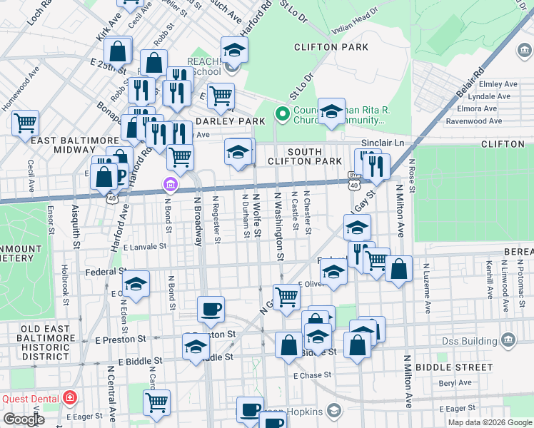 map of restaurants, bars, coffee shops, grocery stores, and more near 101 Independence Avenue Southeast in Washington