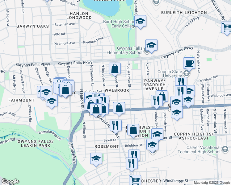 map of restaurants, bars, coffee shops, grocery stores, and more near 3003 Clifton Avenue in Baltimore