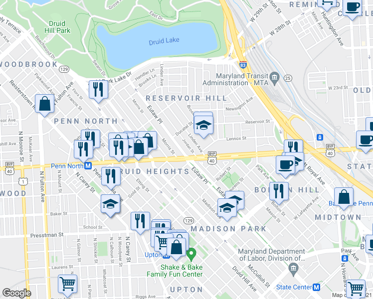 map of restaurants, bars, coffee shops, grocery stores, and more near in Baltimore