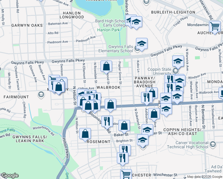 map of restaurants, bars, coffee shops, grocery stores, and more near 2947 Clifton Avenue in Baltimore