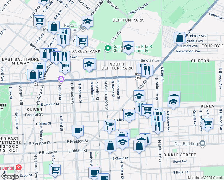 map of restaurants, bars, coffee shops, grocery stores, and more near 2030 East Lafayette Avenue in Baltimore