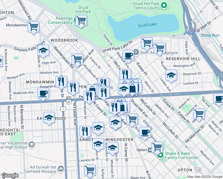 map of restaurants, bars, coffee shops, grocery stores, and more near 2416 Etting Street in Baltimore