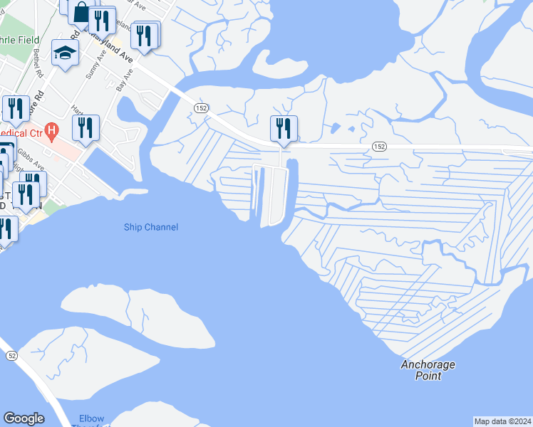 map of restaurants, bars, coffee shops, grocery stores, and more near 26 Point Drive in Somers Point