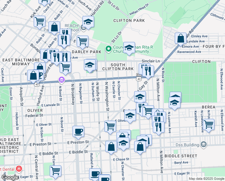 map of restaurants, bars, coffee shops, grocery stores, and more near 2030 East Lafayette Avenue in Baltimore