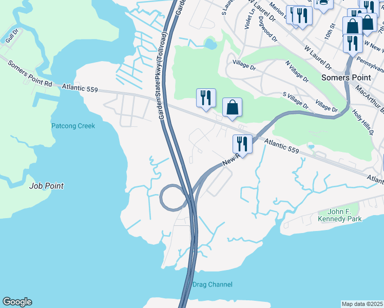 map of restaurants, bars, coffee shops, grocery stores, and more near 50 Mays Landing Road in Somers Point