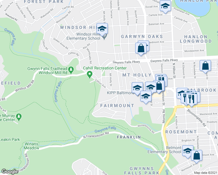map of restaurants, bars, coffee shops, grocery stores, and more near 2102 Mt Holly St in Baltimore