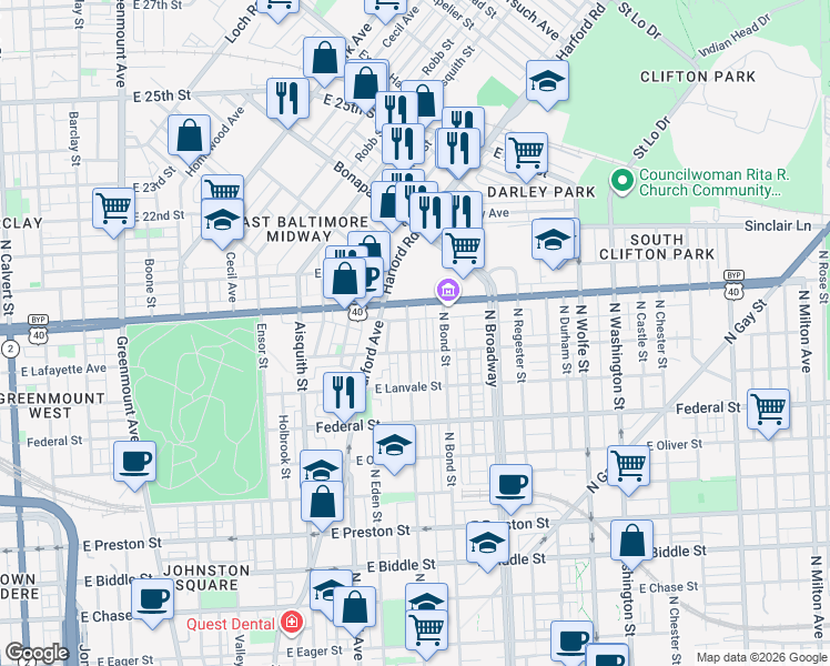 map of restaurants, bars, coffee shops, grocery stores, and more near 1823 North Caroline Street in Baltimore