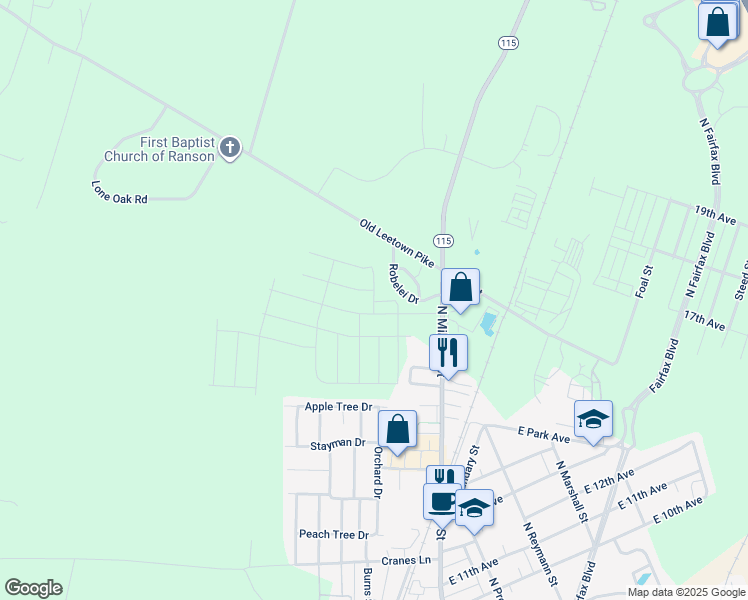 map of restaurants, bars, coffee shops, grocery stores, and more near Sumter Avenue in Ranson