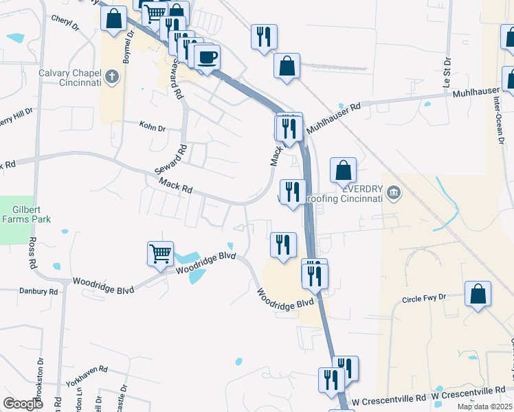 map of restaurants, bars, coffee shops, grocery stores, and more near 3891 Mack Road in Fairfield