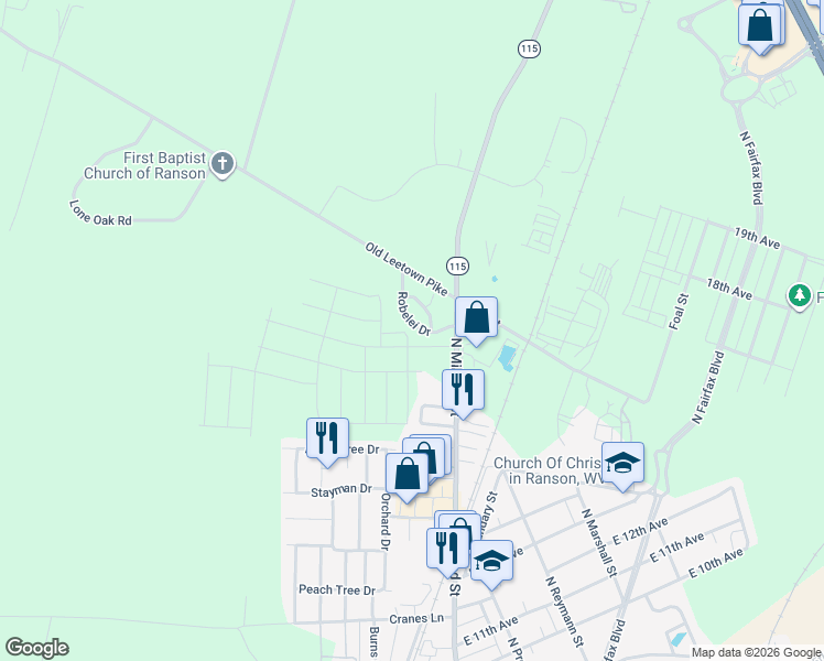 map of restaurants, bars, coffee shops, grocery stores, and more near 91 Robelei Drive in Ranson