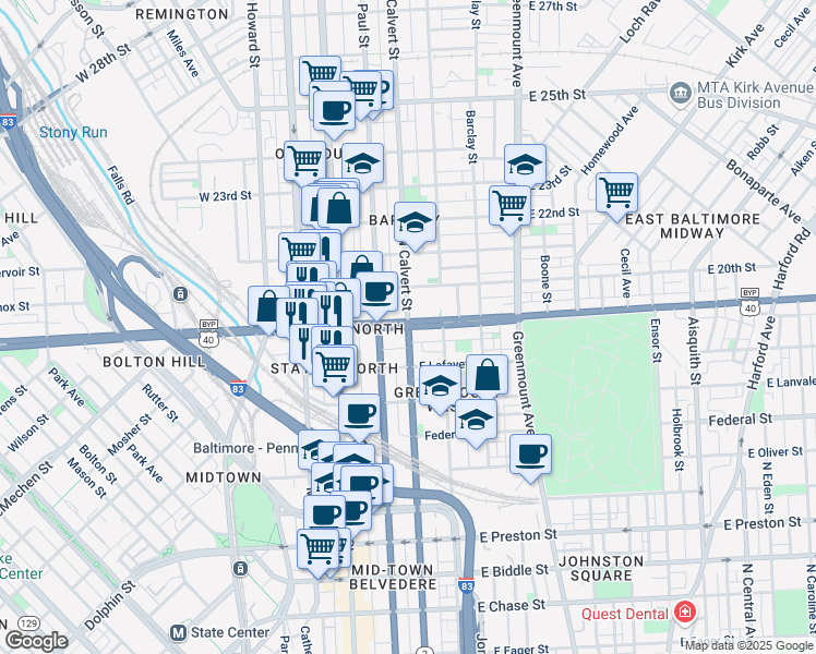 map of restaurants, bars, coffee shops, grocery stores, and more near North Calvert Street in Baltimore