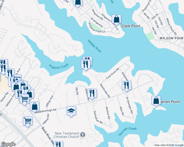 map of restaurants, bars, coffee shops, grocery stores, and more near 213 Nanticoke Road in Essex