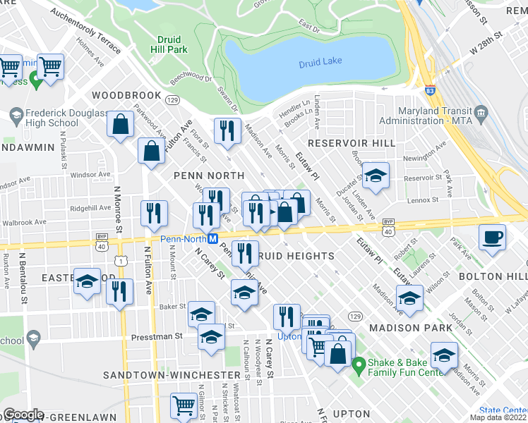 map of restaurants, bars, coffee shops, grocery stores, and more near 2330 Druid Hill Avenue in Baltimore
