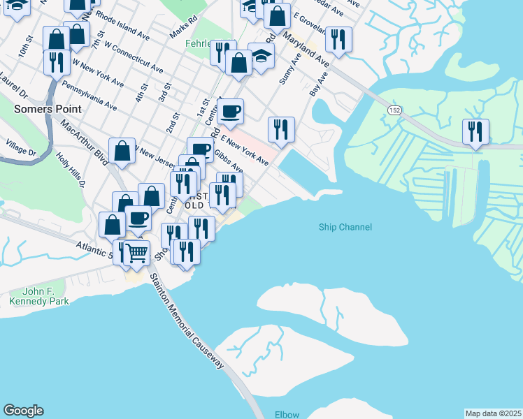 map of restaurants, bars, coffee shops, grocery stores, and more near 198 Higbee Avenue in Somers Point
