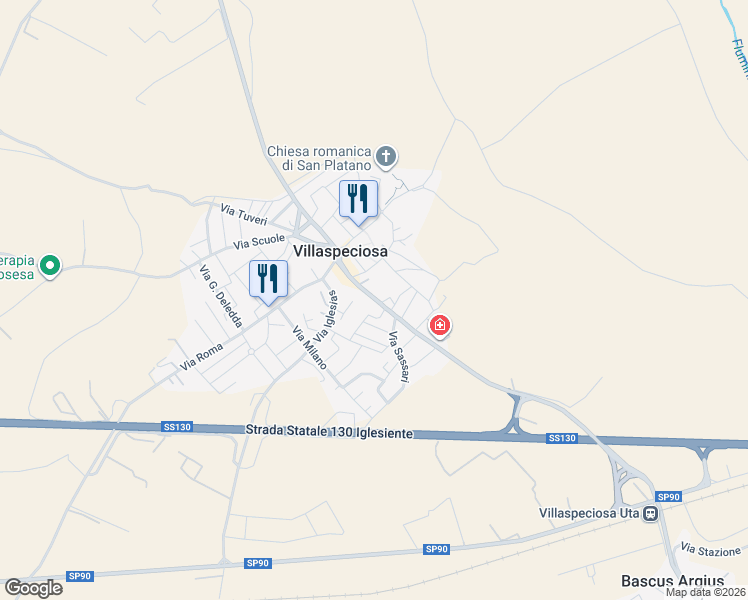 map of restaurants, bars, coffee shops, grocery stores, and more near 40 Via Cagliari in Villaspeciosa