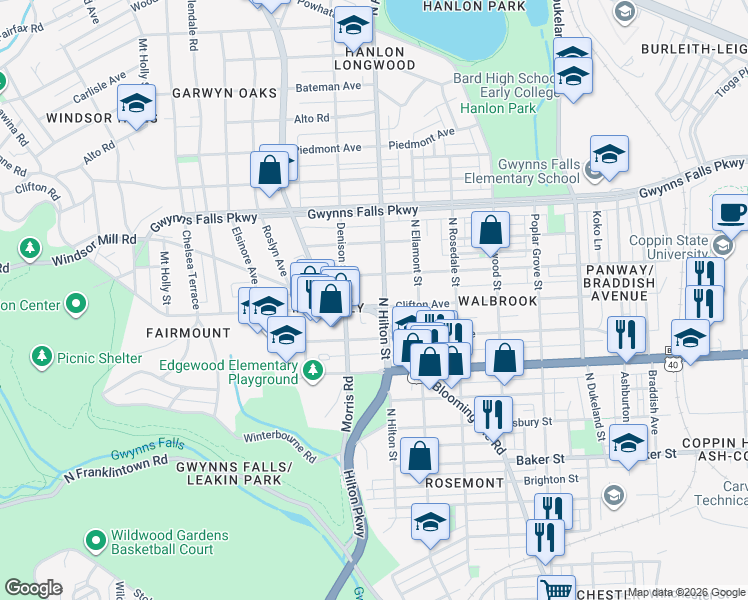 map of restaurants, bars, coffee shops, grocery stores, and more near 3302 Clifton Avenue in Baltimore
