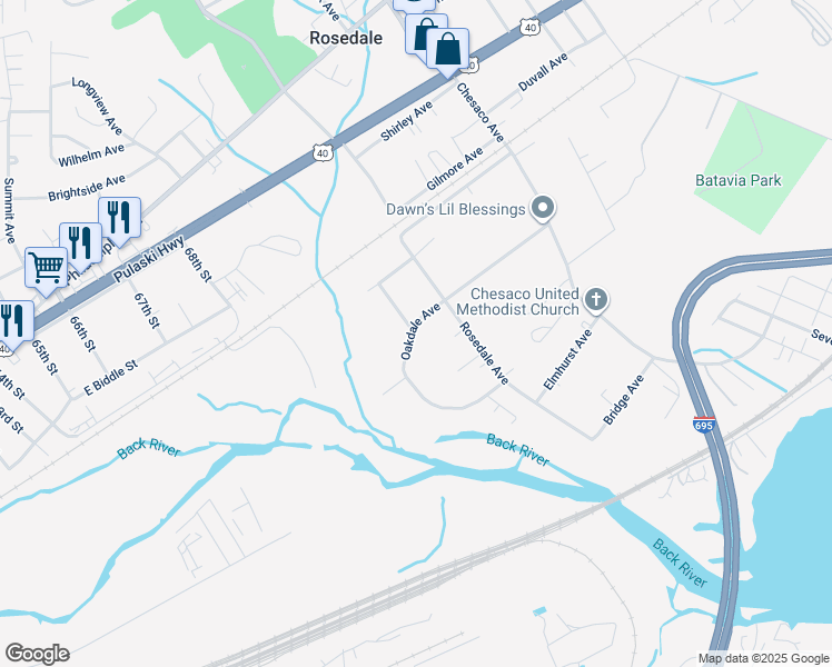 map of restaurants, bars, coffee shops, grocery stores, and more near 7875 Oakdale Avenue in Rosedale