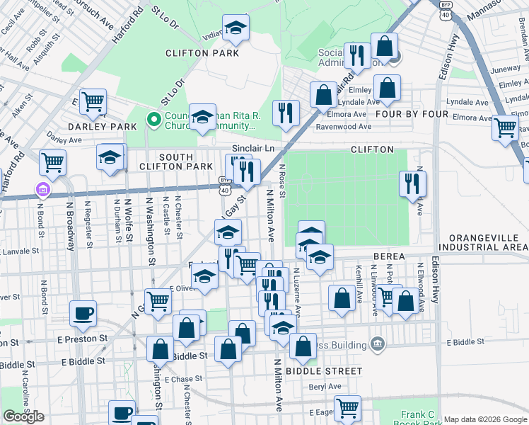 map of restaurants, bars, coffee shops, grocery stores, and more near 2430 East Lafayette Avenue in Baltimore