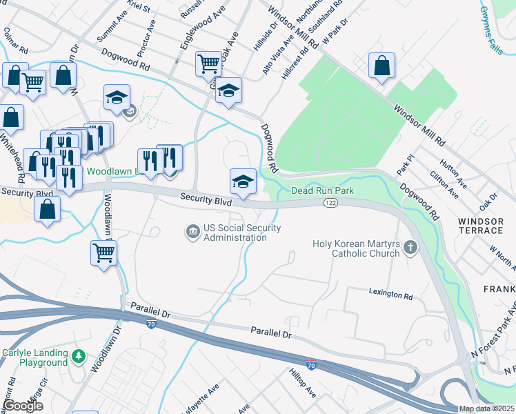 map of restaurants, bars, coffee shops, grocery stores, and more near 6401 Security Boulevard in Baltimore