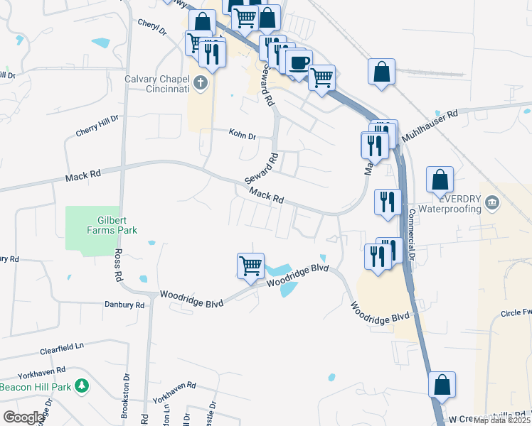 map of restaurants, bars, coffee shops, grocery stores, and more near 3749 Mack Road in Fairfield