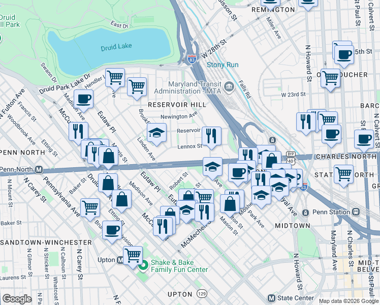 map of restaurants, bars, coffee shops, grocery stores, and more near 2023 Bolton Street in Baltimore