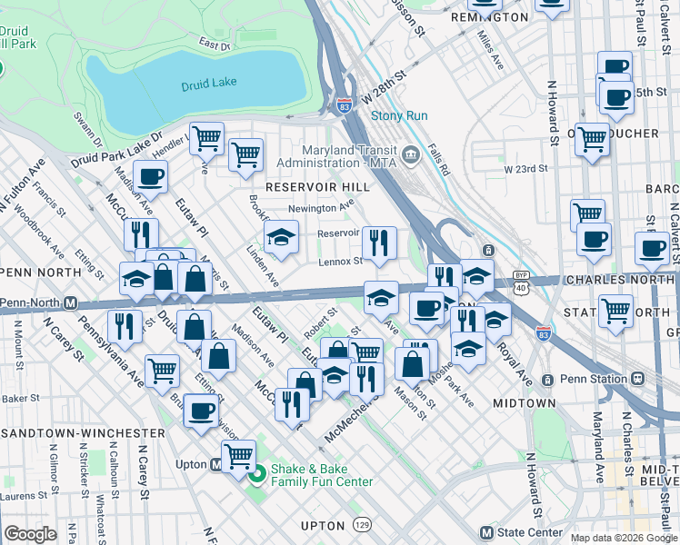 map of restaurants, bars, coffee shops, grocery stores, and more near 2023 Bolton Street in Baltimore