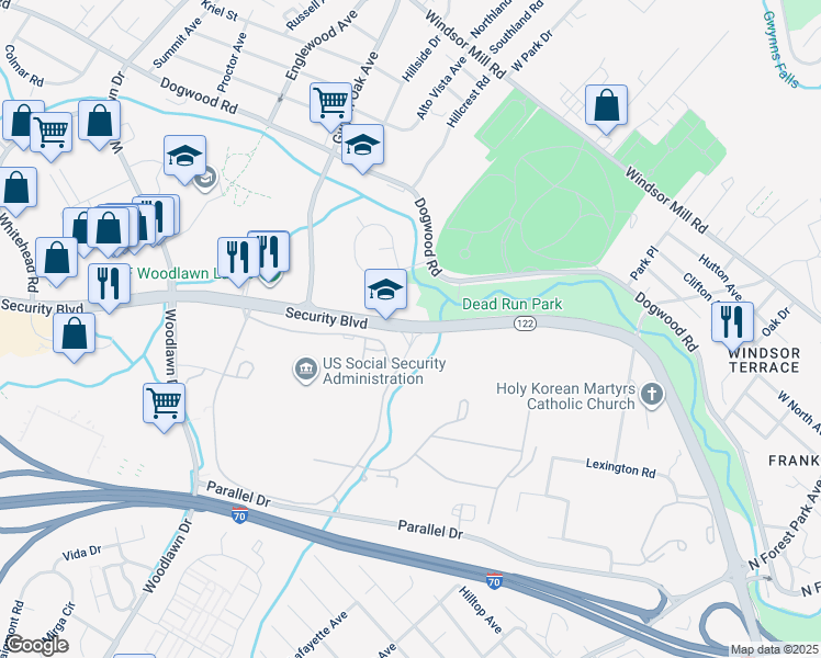 map of restaurants, bars, coffee shops, grocery stores, and more near 6401 Security Boulevard in Baltimore