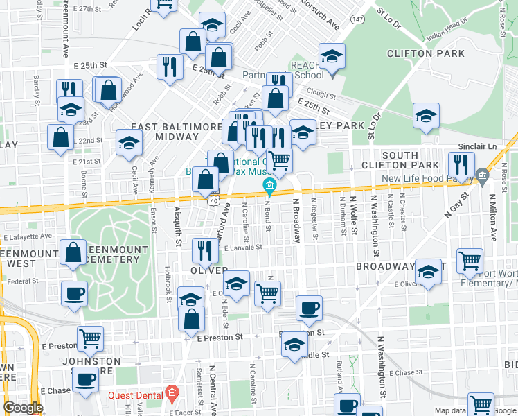 map of restaurants, bars, coffee shops, grocery stores, and more near 1829 North Dallas Street in Baltimore