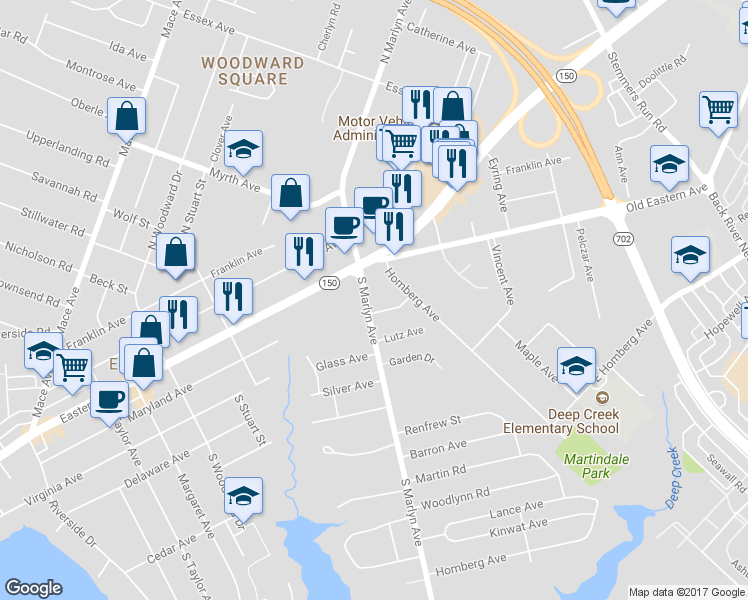 map of restaurants, bars, coffee shops, grocery stores, and more near 15 South Marlyn Avenue in Essex