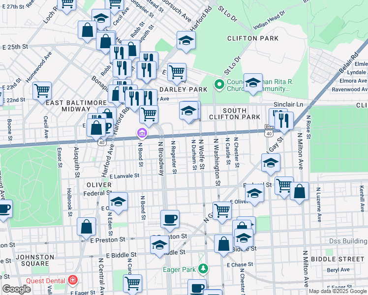 map of restaurants, bars, coffee shops, grocery stores, and more near 1818 Rutland Avenue in Baltimore