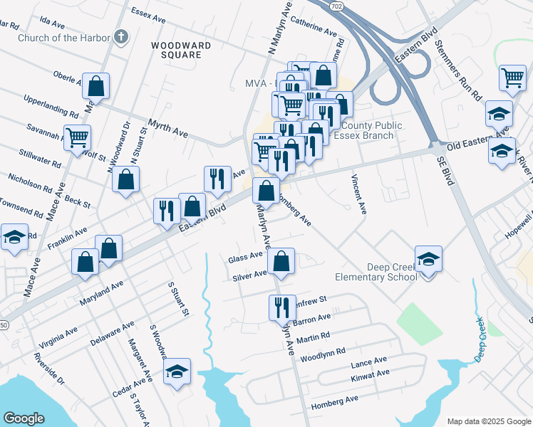 map of restaurants, bars, coffee shops, grocery stores, and more near 15 South Marlyn Avenue in Essex