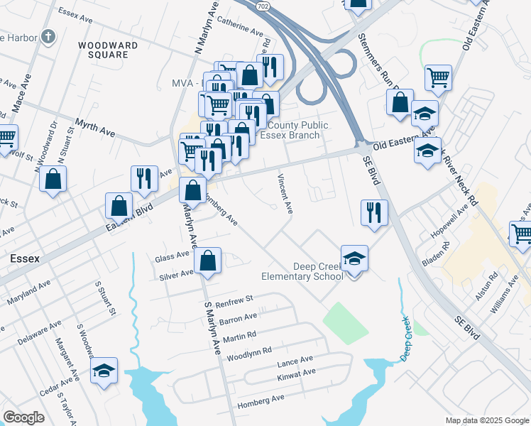 map of restaurants, bars, coffee shops, grocery stores, and more near 40 Glenwood Road in Essex